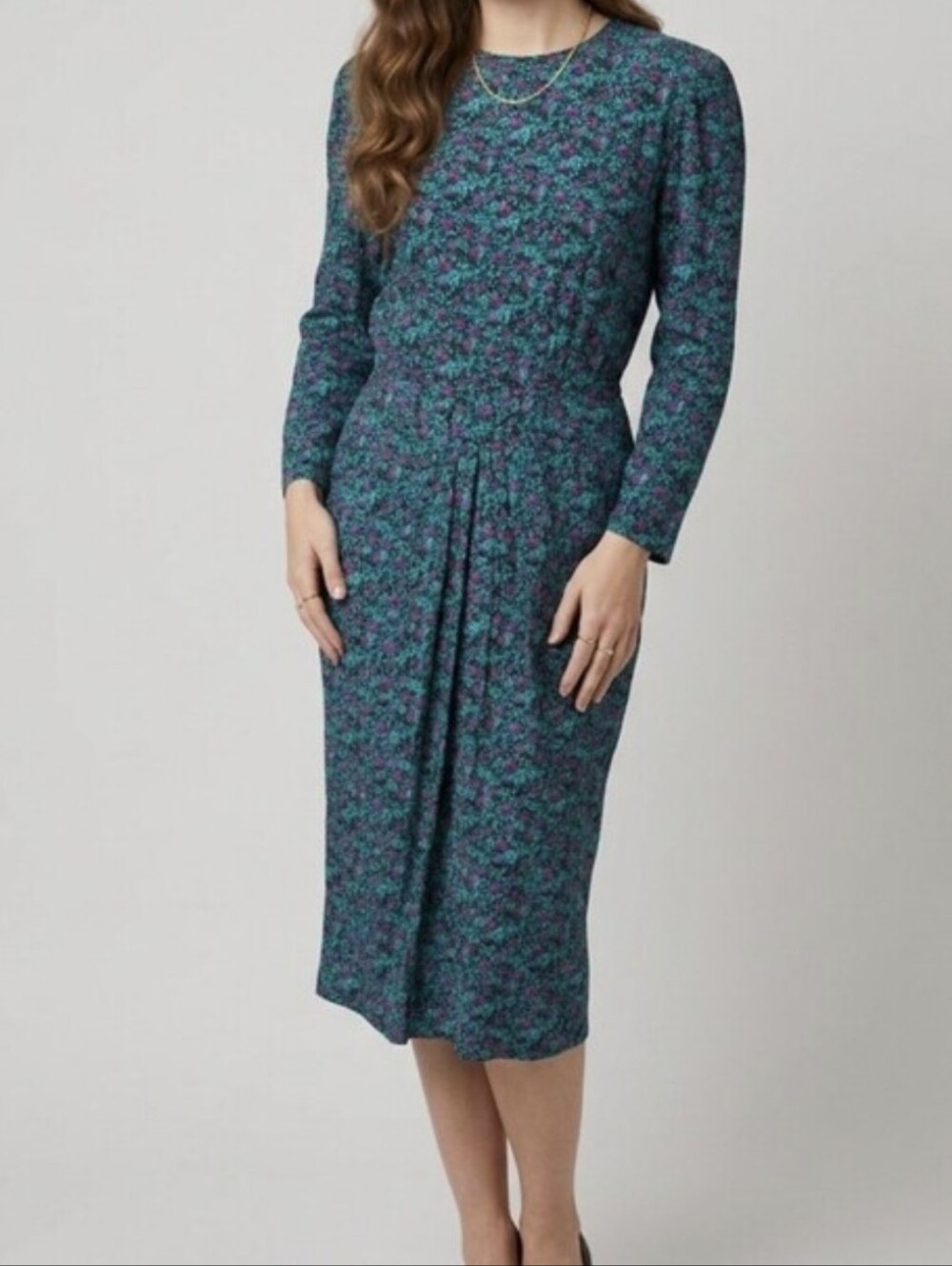 karin stevens Teal and Magenta Floral Long Sleeve Midi Dress